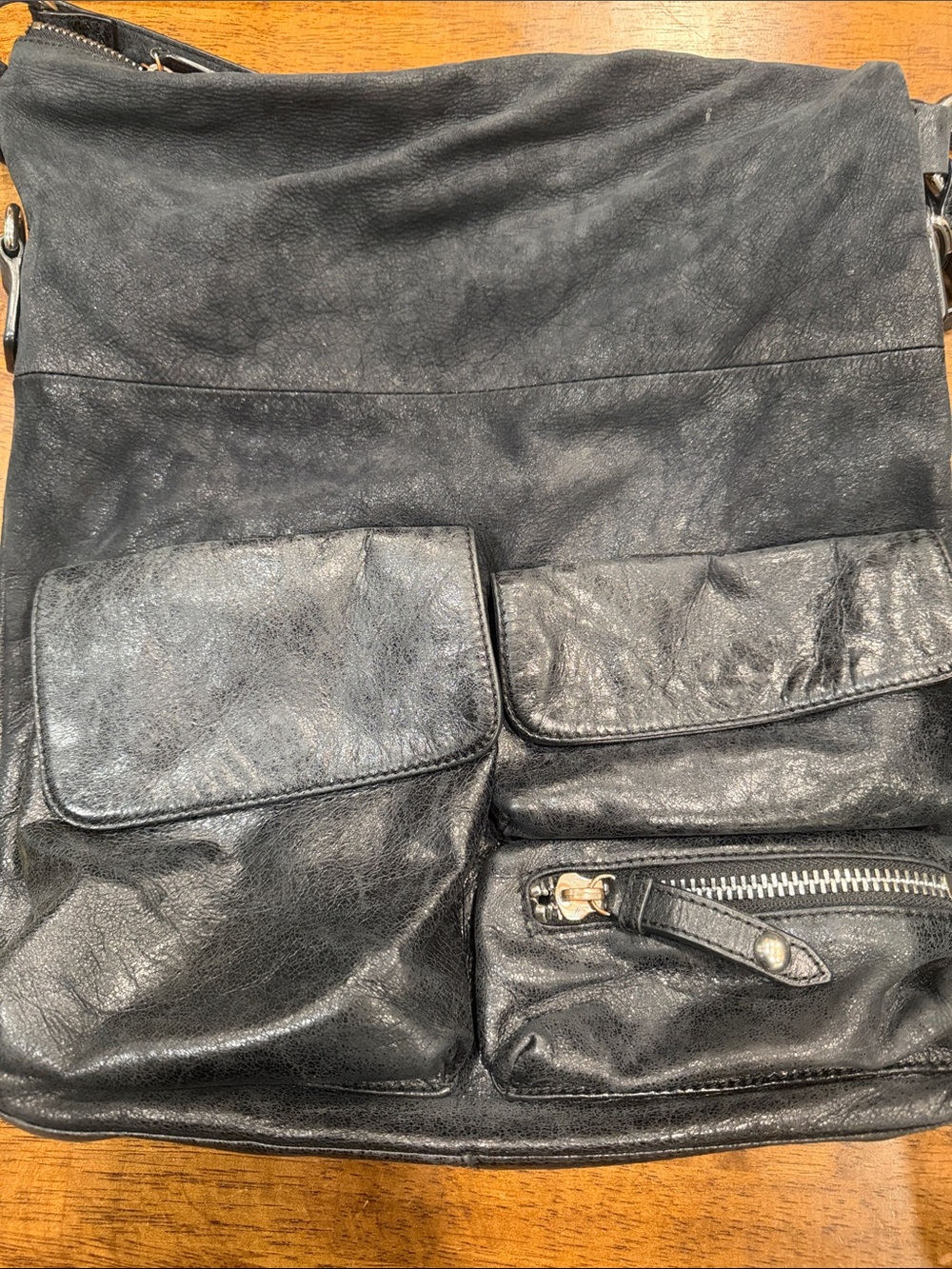 HOBO Black Leather Messenger Bag with Front Pockets